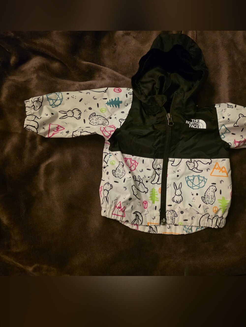 The North Face Baby Hooded Rain Jacket - White & Black with Colorful Prints
